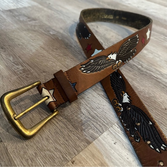 Genuine Full Grain Leather Belt Size 36 Hand Painted Eagle Patriotic Stars Brown - Picture 1 of 11